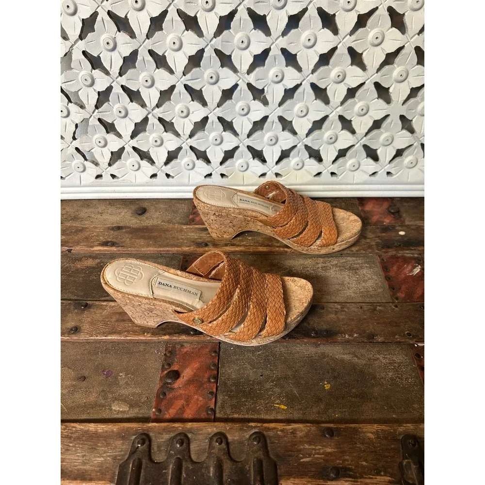 Dana Buchman DB Billy Brown Woven Wedge Sandals Cork Heel Slides Womens 6.5